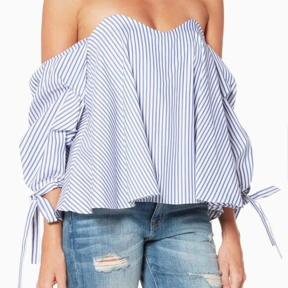 CAROLINE CONSTAS Gabriella White Blue Cambridge Stripe Bustier Top Sz Small - Picture 1 of 7